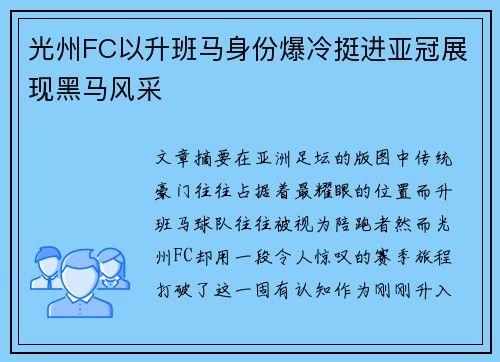 光州FC以升班马身份爆冷挺进亚冠展现黑马风采