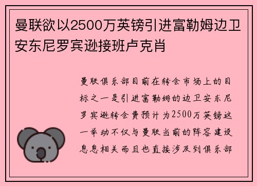 曼联欲以2500万英镑引进富勒姆边卫安东尼罗宾逊接班卢克肖